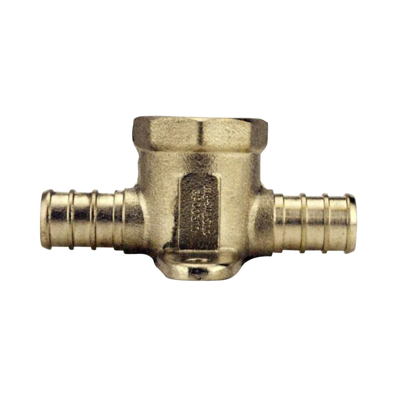 The Go Build 1/2 in. Brass PEX Barb x PEX Barb x FPT Drop-Ear Tee is a lead-free DZR brass fitting with a central hex body and ribbed connectors, designed for joining pipes in PEX plumbing systems. Plain white background.