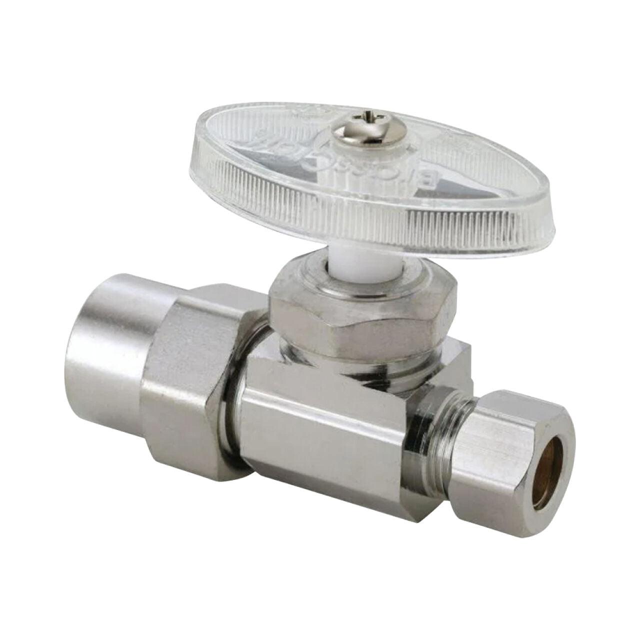 The Go Build 1/2 in. CPVC Inlet x 3/8 in. Compression Outlet Multi-Turn Straight Valve - Chrome features precise fluid flow control with a chrome finish, threaded connectors, and a multi-turn handle for use in pipe systems.