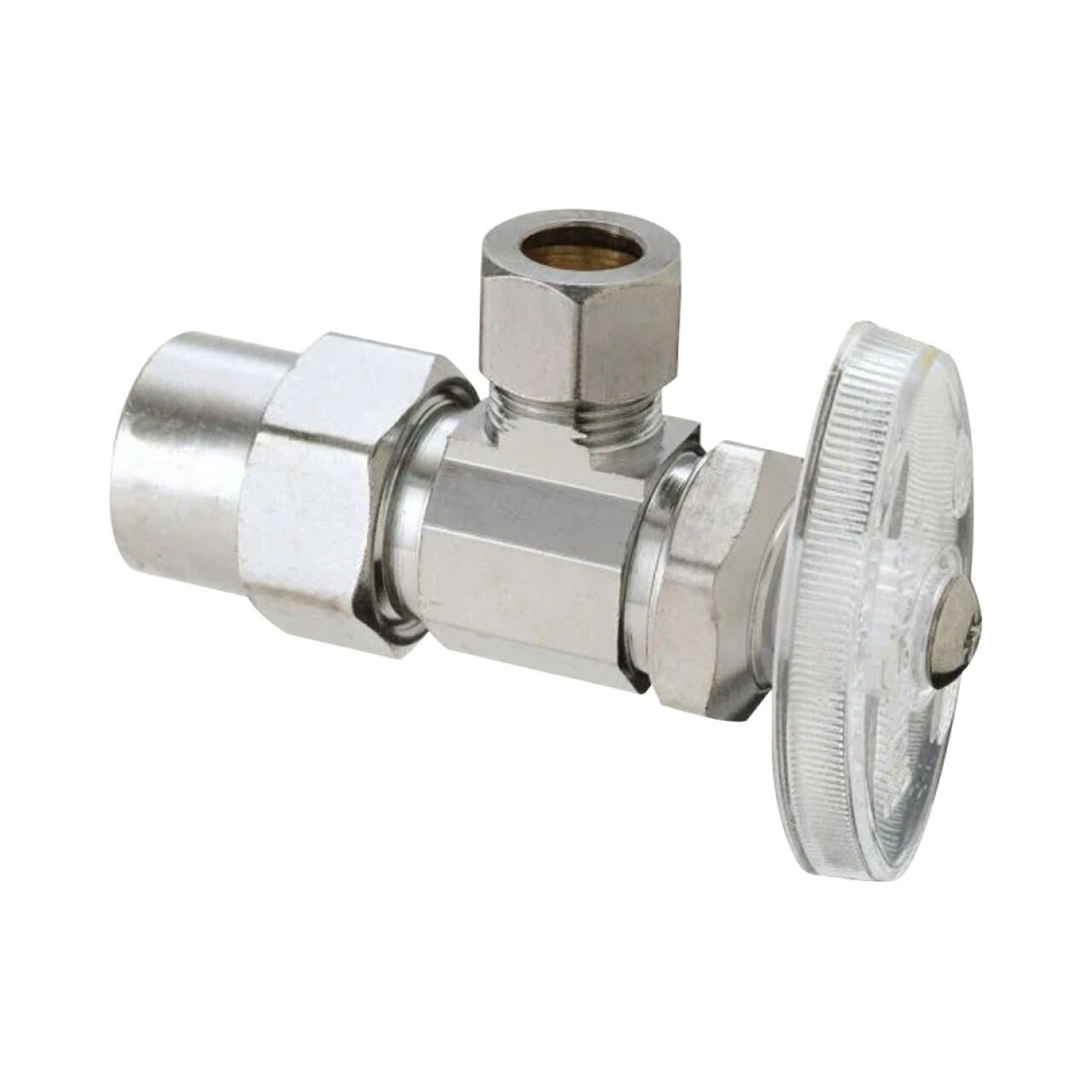 The Go Build 1/2 in. CPVC Inlet x 3/8 in. Compression Outlet Multi-Turn Angle Valve - Brass Chrome features a transparent round plastic handle and offers precise water flow control for plumbing systems.