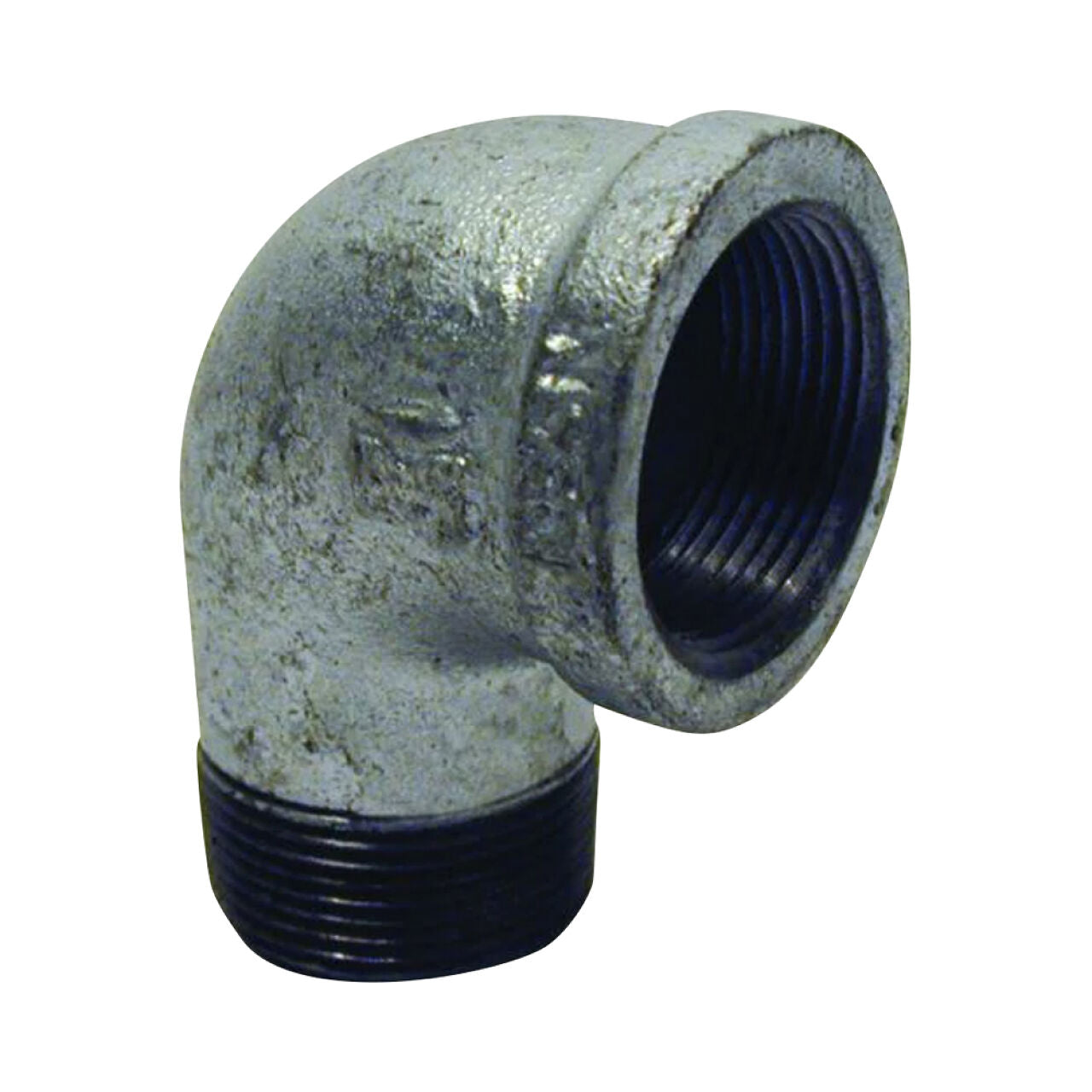 A Go Build 1/2 in. Galvanized Malleable Iron 90-Degree FPT x MPT Street Elbow, ideal for connecting galvanized pipe fittings in plumbing, is displayed on a white background.