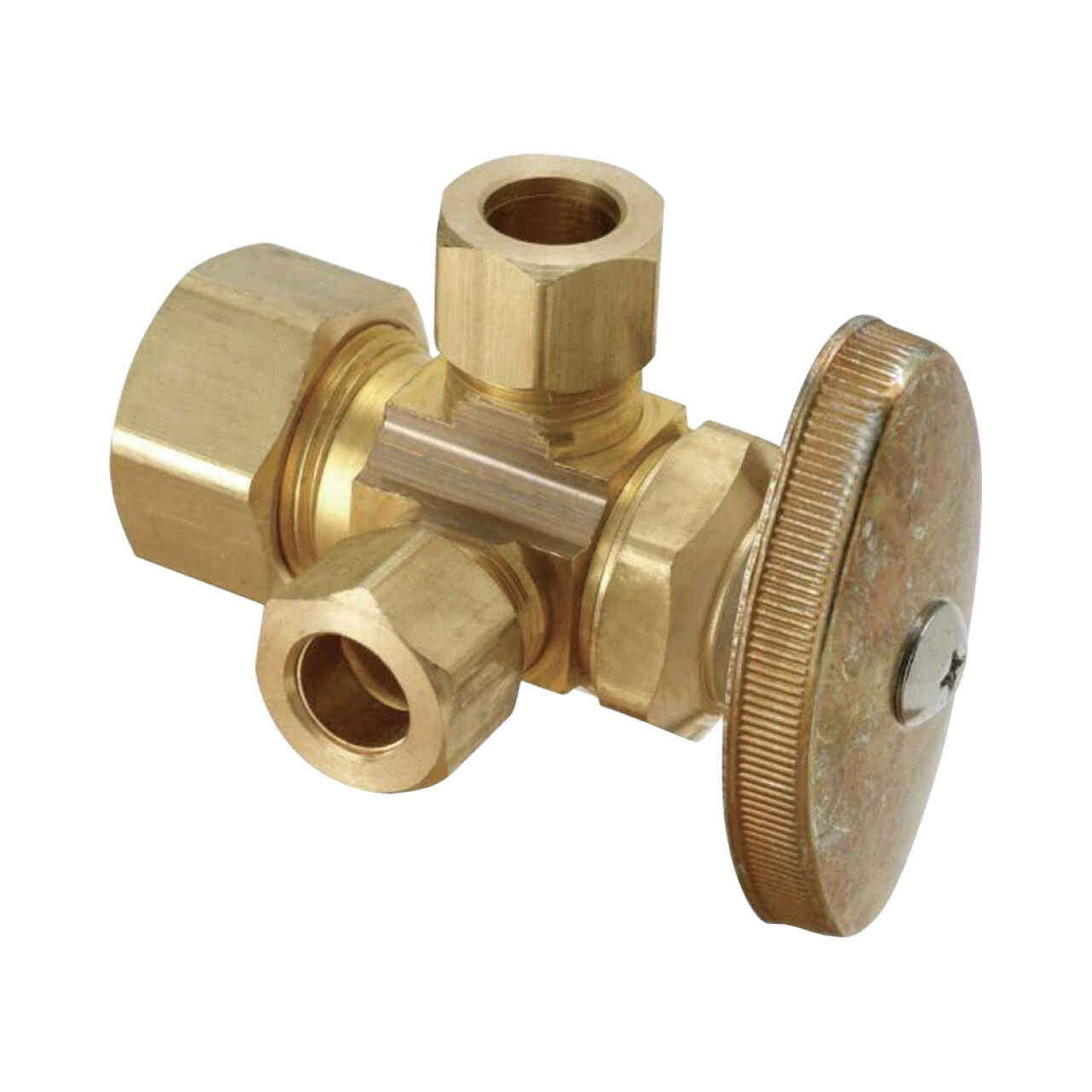 The Go Build 1/2 in. Nom Compression Inlet x 3/8 in. O.D. Comp Dual Outlet Multi-Turn Valve (Rough Brass) features three connection points and a round, ridged control knob, shown isolated on a white background.