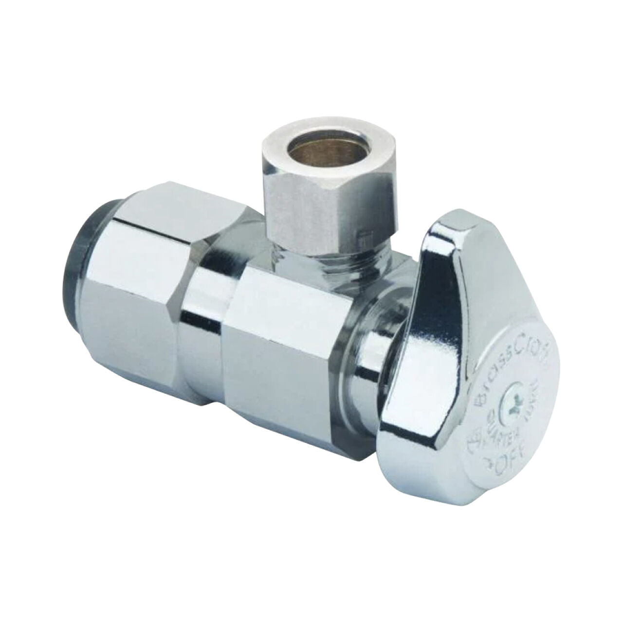 The Go Build 1/2 in. Push Connect Inlet x 3/8 in. Compression Outlet 1/4-Turn Angle Valve offers easy water flow control to plumbing fixtures with a quick-turn shut-off and durable design.