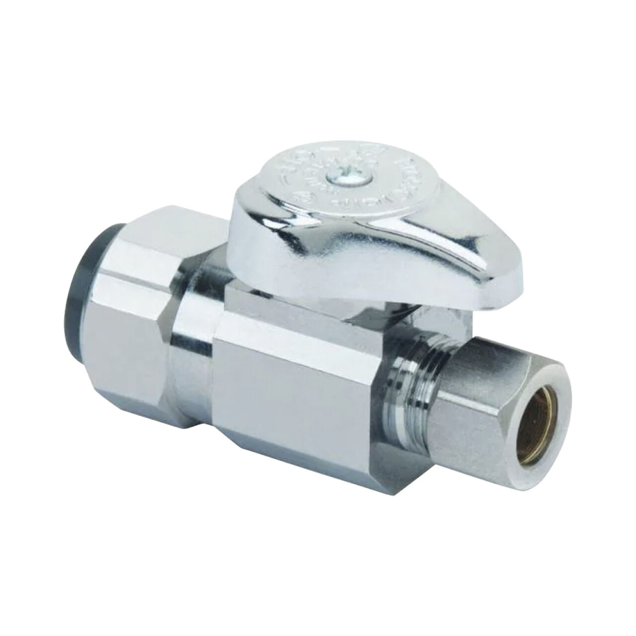 The Go Build 1/2 in. Push Connect Inlet x 3/8 in. Compression Outlet 1/4-Turn Straight Valve – Chrome offers quick water flow control with a lever handle and reliable push connect/compression ends for easy plumbing installation.