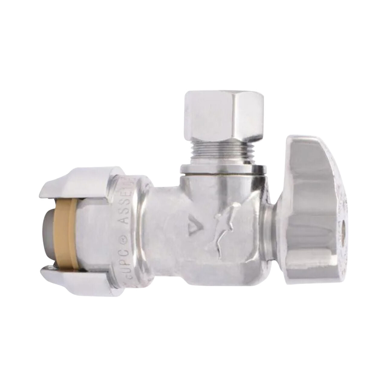 The Go Build 1/2 in. Push-to-Connect x 3/8 in. O.D. Compression Brass 1/4-Turn Angle Stop Valve features a chrome-plated finish and is ideal for controlling water flow to fixtures. Brand: The Fastest Way To Build.