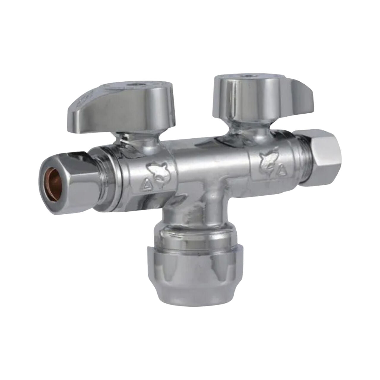 The Go Build 1/2 in. Push to Connect x 3/8 in. O.D. Compression Dual Stop Valve—Chrome—features two handles and offers easy water flow control to fixtures, with push-to-connect inlet and dual compression outlets.