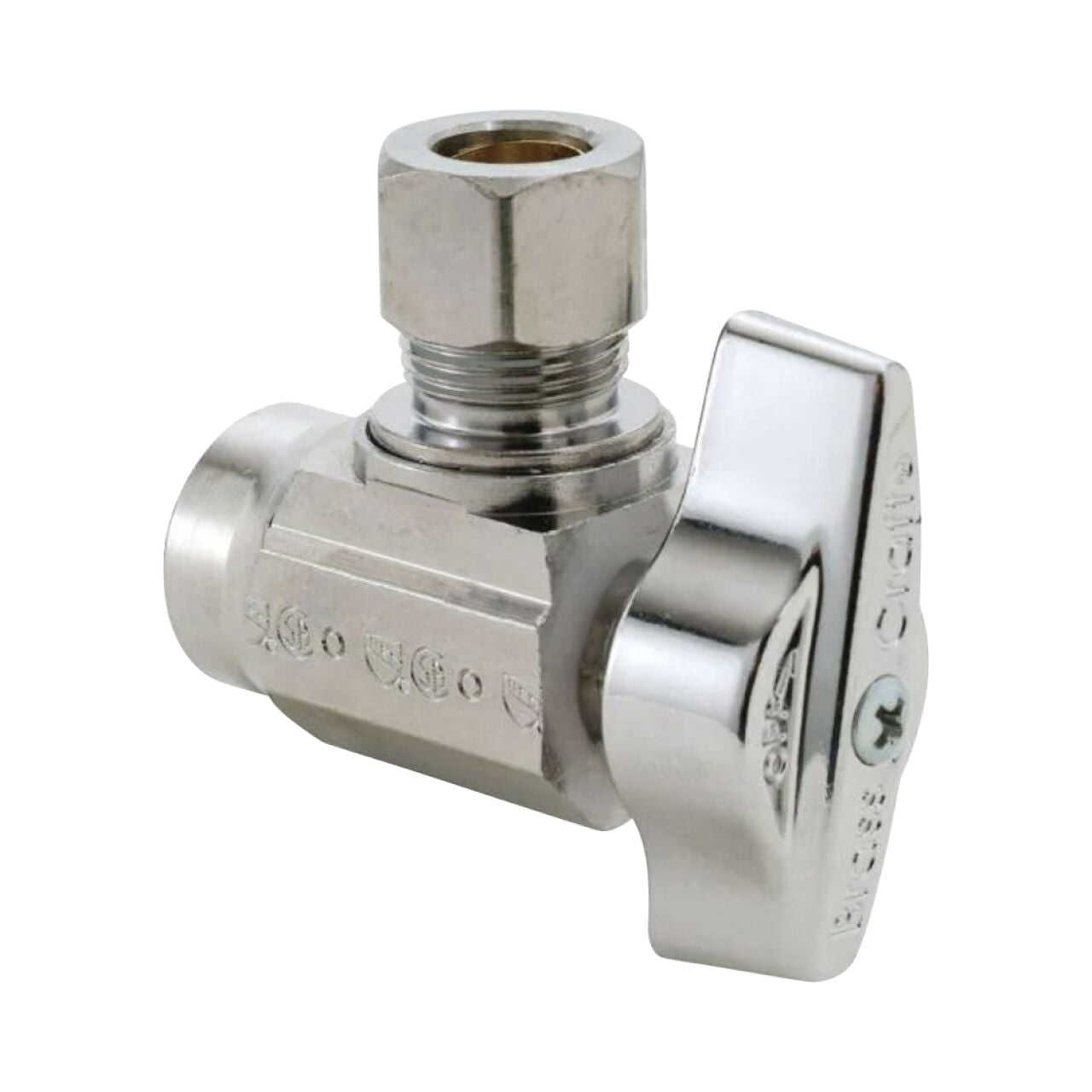 The Go Build 1/2 in. Sweat Inlet x 3/8 in. Compression Outlet 1/4-Turn Angle Ball Valve - Chrome offers reliable water control with a threaded oval shut-off handle and durable construction.