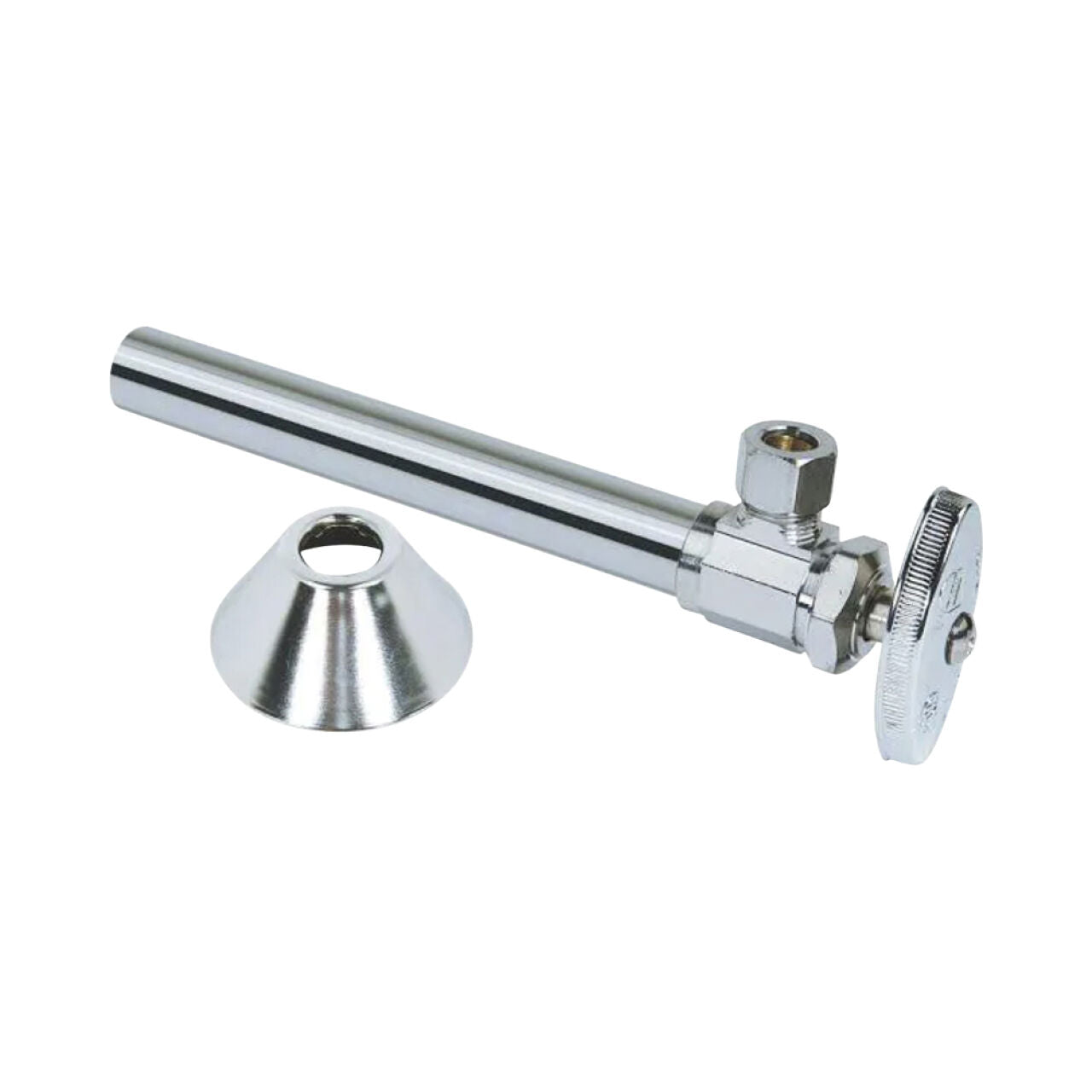 The Go Build 1/2 in. Sweat x 3/8 in. Compression Multi-Turn Angle Valve with a 5 in. extension tube and bell flange (chrome) is used in plumbing to control water flow to fixtures.