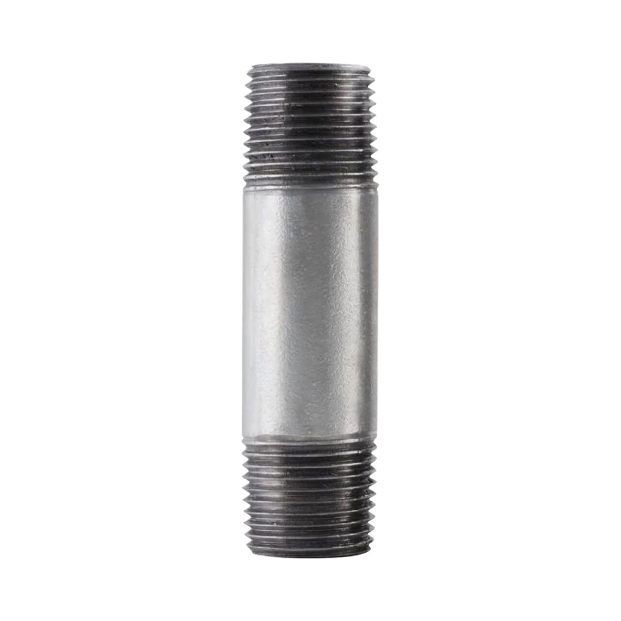 The Go Build 1/2 in. x 12 in. Galvanized Steel Nipple features threading on both ends and a smooth center, ideal for pipe repair, and is shown vertically against a white background. This nipple is lead-free and durable.