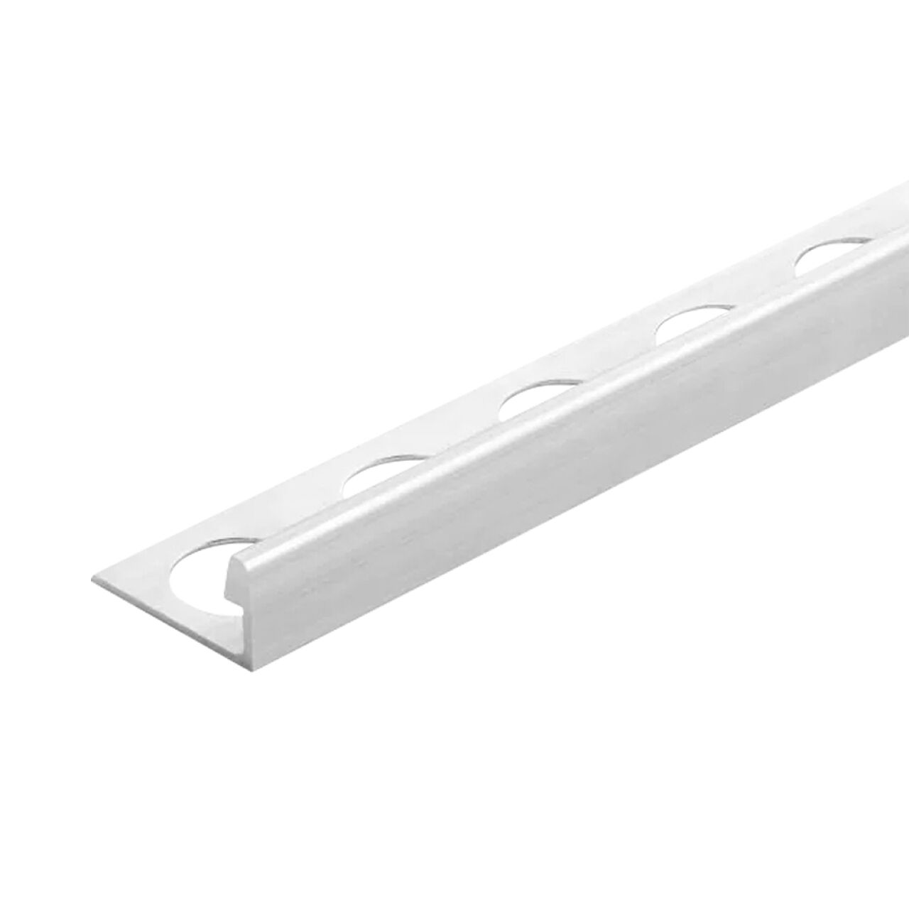 The Go Build 1/2 in. x 98-1/2 in. Aluminum L-Shaped Metal Edging Trim in silver features large securing holes and a right-angle profile, ideal for tidy floor transitions.