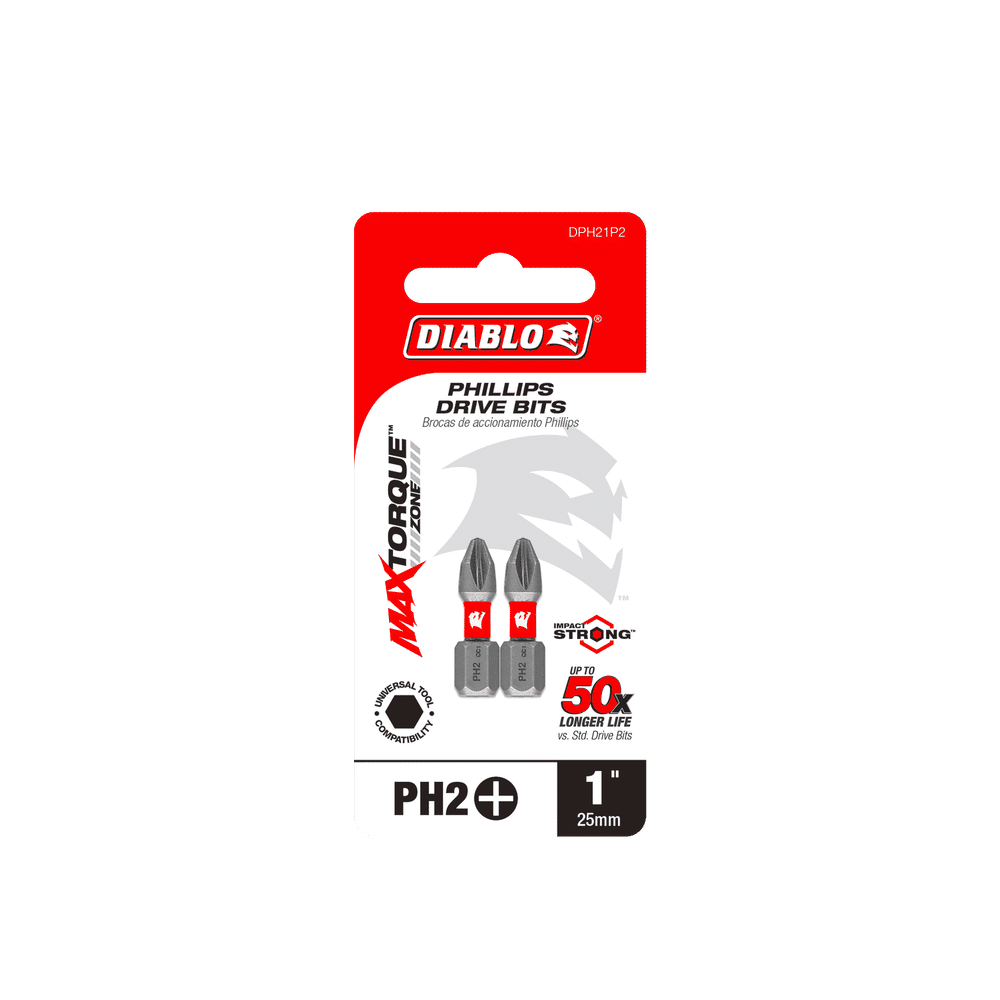 Packaging for DIABLO DPH21P2 1 in. #2 Phillips Drive Bits (2-Pack) by Diablo displays two impact-resistant bits in a red, black, and white blister pack with product details and branding, highlighting the MaxTorque Zone.
