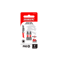 Packaging for DIABLO DPH21P2 1 in. #2 Phillips Drive Bits (2-Pack) by Diablo displays two impact-resistant bits in a red, black, and white blister pack with product details and branding, highlighting the MaxTorque Zone.