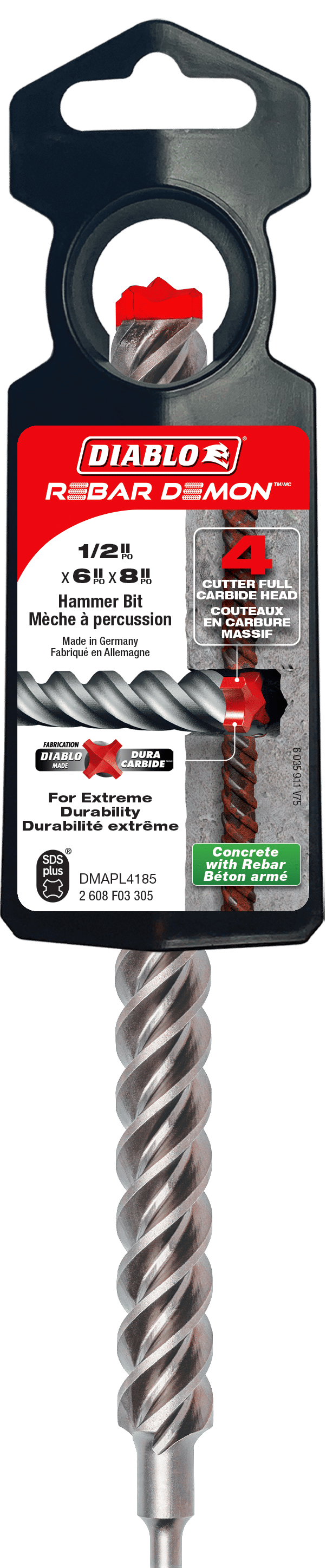 A packaged Diablo DMAPL4185 1/2 in. x 6 in. x 8 in. Rebar Demon SDS-Plus 4-Cutter Full Carbide Head Hammer Drill Bit with a red and black English/French label and a visible spiral carbide tip.
