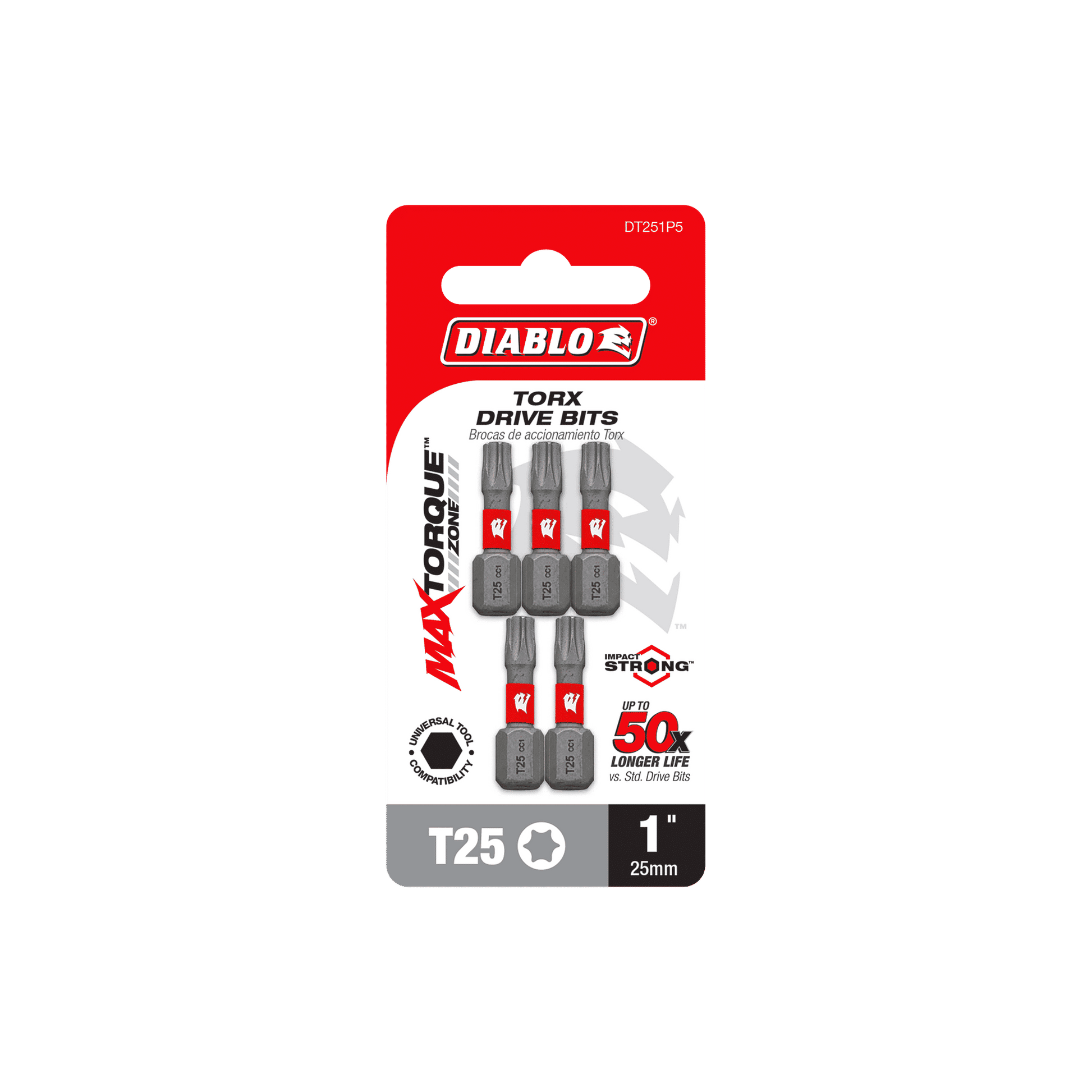 The DIABLO DT251P5 1 in. #25 Torx Drive Bits (5-Pack) by Diablo come in a red and black blister pack. They feature Impact Strong™ technology, MaxTorque Zone for a secure fit, and boast a 50x longer life.
