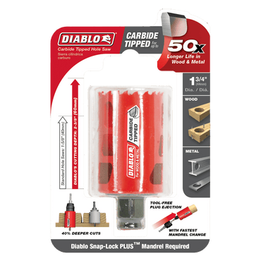 Packaging for the Diablo DIABLO DHS1750CT 1-3/4 in. Carbide Teeth Hole Saw, ideal for wood and metal. Offers 50x longer cutting life with carbide teeth. Snap-Lock Plus™ Mandrel System compatible, complete with images showing usage and product details.