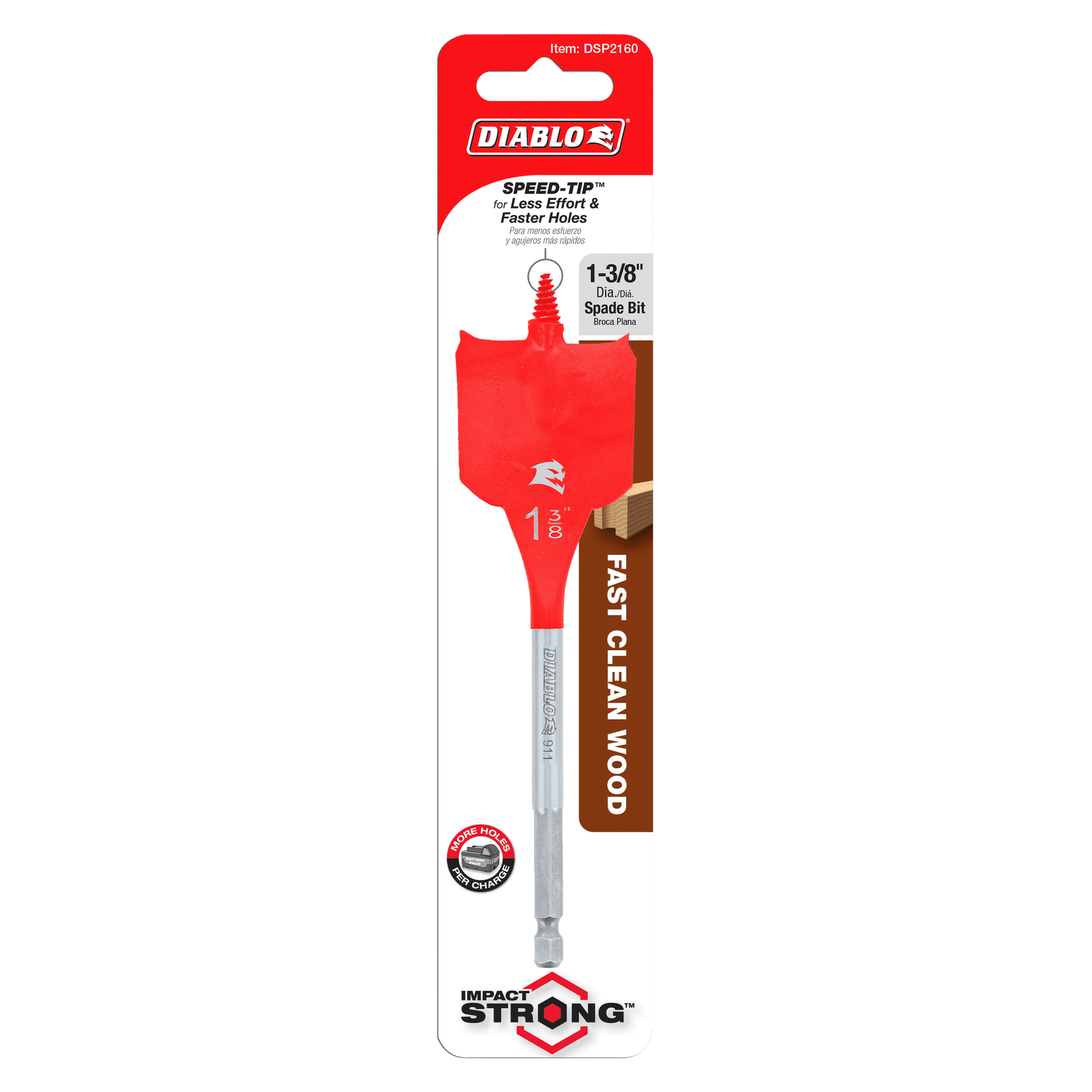 The Diablo DSP2160 1-3/8 in. x 6 in. spade bit for wood, with a Speed-Tip design, offers fast, clean drilling. Packaged in red and white, the red bit stands vertically labeled as Impact Strong and features an optimized curved paddle for superior performance.