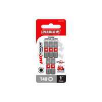 The Diablo DT401P5 pack contains five 1-inch #40 Torx Drive Bits. These Impact Strong™ bits feature MaxTorque Zone for superior durability and strength. The red and gray packaging prominently displays the branding and product details.