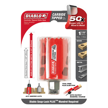 Introducing the DIABLO DHS1875CT 1-7/8 in. Carbide Teeth Hole Saw by Diablo, featuring advanced carbide teeth for faster cutting in wood and metal. This red tool achieves 50x longer life, deeper cuts, requires a Snap-Lock Plus Mandrel, and includes a plug ejection hole design.