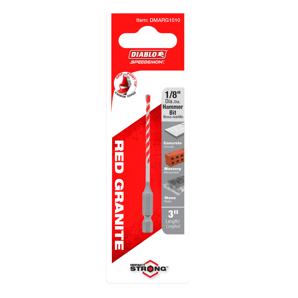 The Diablo DIABLO DMARG1010 SPEEDemon™ Red Granite Carbide-Tipped Hammer Drill Bit features Impact Strong™ durability with a 1/8 x 3 size. Its red and white packaging highlights logos and specs, making it perfect for concrete, masonry, and brick tasks.