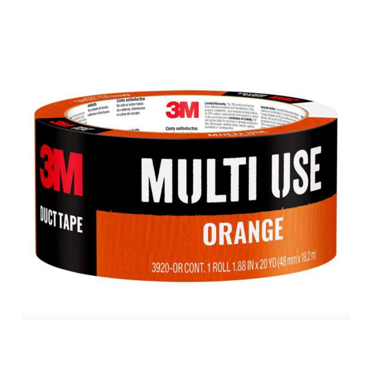 A roll of Go Builds Multi-Use Duct Tape in vibrant orange, ideal for crafting. It features durable, waterproof backing and measures 1.88 inches by 20 yards (48 mm x 18.2 m). The black packaging has bold white lettering saying MULTI USE ORANGE.