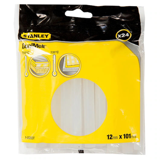The STANLEY GLUE STICK 24PCS 4 20DT-DUAL pack includes 24 glue sticks, designed for dual-temperature hot glue guns. Each stick is 4 inches long, visible through the yellow and black packaging—perfect for crafting needs.