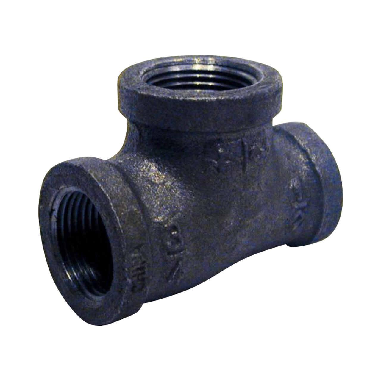 The Go Build 1 in. x 1 in. x 1/2 in. Black Malleable Iron Threaded Reducing Tee features three threaded openings, perfect for connecting pipe fittings in plumbing projects.