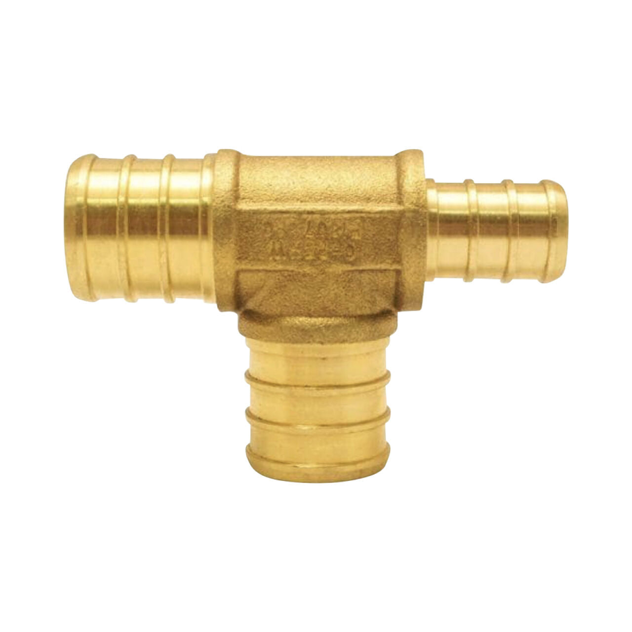 The Go Build 1 in. x 1 in. x 3/4 in. Brass PEX Barb Reducing Tee features three ribbed ends for PEX connections, is T-shaped, and made from lead-free DZR brass—ideal for plumbing systems.