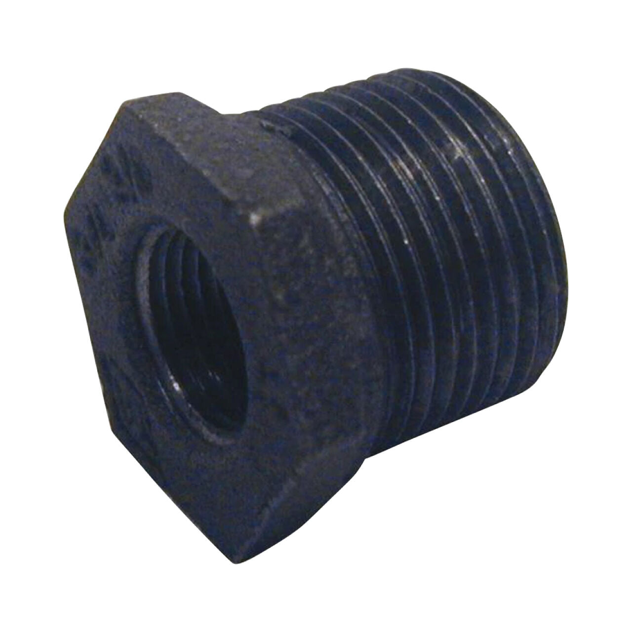 The Go Build 1 in. x 3/4 in. Black Malleable Iron Hex Bushing connects different pipe sizes with internal/external threads for plumbing or industrial use.
