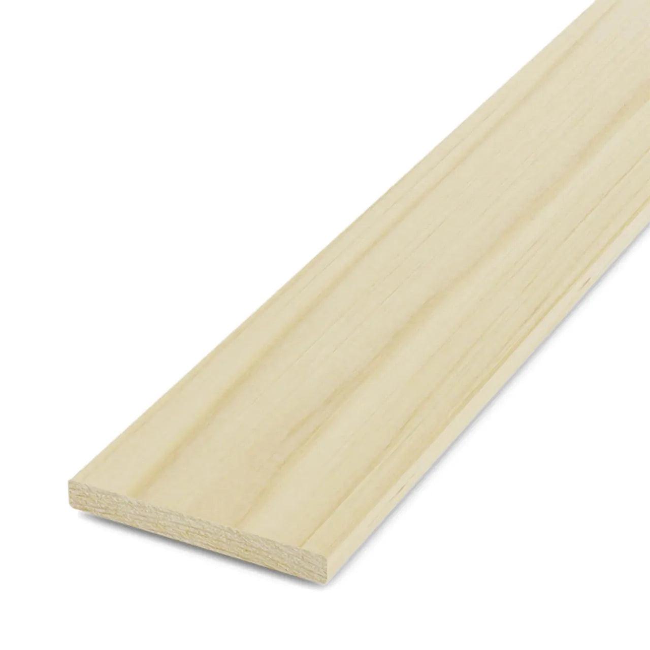 The Go Build 1 in. x 8 in. x 8 ft. Select Pine board features smooth, flat surfaces and straight edges, perfect for interior trim or molding projects, shown angled against a white background.