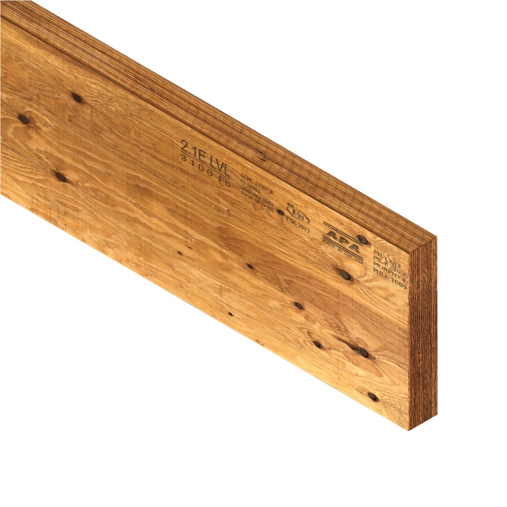 A close-up of the Go Build 3-1/2" x 7-1/4" LVL Joist - LF shows layered wood grain and black markings, ideal for structural support and longer spans in construction—The Fastest Way To Build.