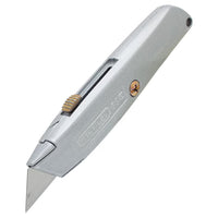 The STANLEY® 99E Classic Retractable Blade Utility Knife features a silver metal body, a brass-colored thumb slider on top, and a partially extended blade.