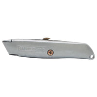 A STANLEY® 99E Classic Retractable Blade Utility Knife is shown closed, featuring a silver finish, central screw, and the iconic STANLEY logo on the side.