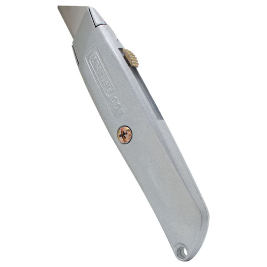 The STANLEY® 99E Classic Retractable Blade Utility Knife features a silver finish, a ridged thumb slider, and a visible center screw on the handle.