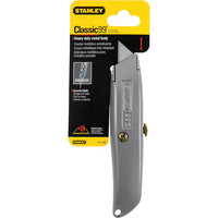 The STANLEY® 99E Classic Retractable Blade Utility Knife by STANLEY is displayed in yellow and black packaging with product details and the blade visible.