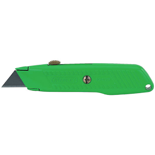 The STANLEY® Hi-Visibility Retractable Knife by STANLEY features a green hi-vis handle, an angled metal blade, and a central screw, displayed against a white background.