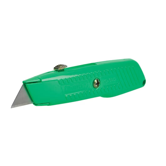 The STANLEY® Hi-Visibility Retractable Knife by STANLEY features a green handle, silver utility blade, textured grips, and a central screw for easy blade changes.