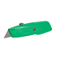 The STANLEY® Hi-Visibility Retractable Knife by STANLEY features a green handle, silver utility blade, textured grips, and a central screw for easy blade changes.