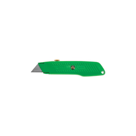 The STANLEY® Hi-Visibility Retractable Knife by STANLEY features a green hi-vis handle and a partially exposed silver blade, displayed against a white background.