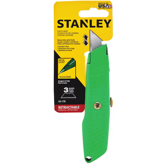 The STANLEY® Hi-Visibility Retractable Knife in packaging displays the yellow STANLEY logo and highlights its green hi-visibility handle, retractable blade, and three included utility blades.
