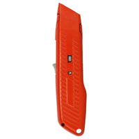 The STANLEY® Self-Retracting Safety Utility Knife by STANLEY features a retractable blade and textured grip, shown from the side on a white background.