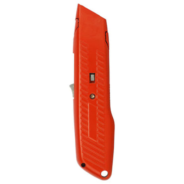 The STANLEY® Self-Retracting Safety Utility Knife by STANLEY features a retractable blade and textured grip, shown from the side on a white background.