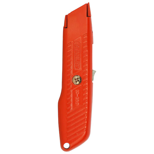 The STANLEY® Self-Retracting Safety Utility Knife by STANLEY features a red, textured grip, ergonomic design, retractable blade, easy blade-change screw, and a hanging hole at the bottom.