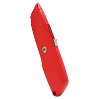 The STANLEY® Self-Retracting Safety Utility Knife by STANLEY features a durable red ergonomic handle and a retractable blade, displayed vertically against a white background.