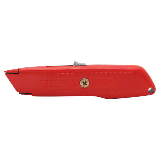 The STANLEY® Self-Retracting Safety Utility Knife by STANLEY features a durable, red textured handle, a retractable blade, central screw, and a small hole at the end for hanging or attaching a lanyard.