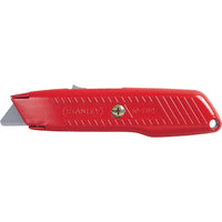 The STANLEY® Self-Retracting Safety Utility Knife features a red, ergonomic handle with a ridged grip, a partially exposed silver blade, brass screw near the center, and a hole at the end for easy storage.
