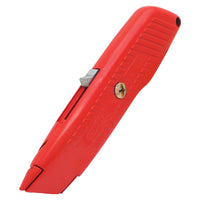 The STANLEY® Self-Retracting Safety Utility Knife by STANLEY is a red, ergonomic tool with a retractable blade, ridged grip, and a central metal screw for easy opening or adjustment.