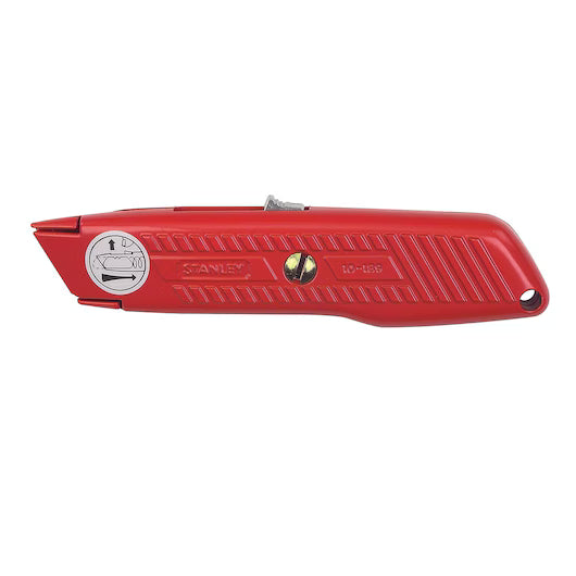 A STANLEY® Self-Retracting Safety Utility Knife, closed and lying flat, features a red textured ergonomic handle for grip and a small screw near the center.