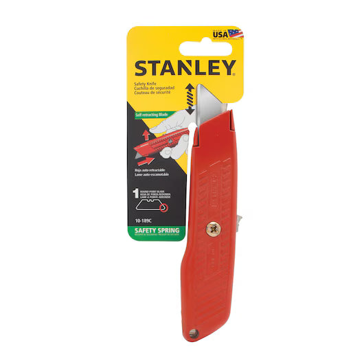 The STANLEY® Self-Retracting Safety Utility Knife, in red, is shown in yellow and black packaging with product details and a USA flag. This ergonomic utility knife features a self-retracting blade for enhanced safety.