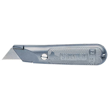 A silver metal STANLEY 5-3/8 in Classic 199® Fixed Blade Utility Knife with a textured grip and Stanley branding on the handle.