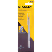 The STANLEY Hobby Knife features a silver metal handle and sharp, replaceable blade, ideal for precision cutting. It comes in yellow and black packaging with highlighted features and usage instructions.