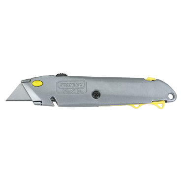 A 6-3/8 in Quick Change Retractable Utility Knife by STANLEY, silver with a yellow button, loop for attachment, and ergonomic handle engraved with the brand name and model number 10-499.